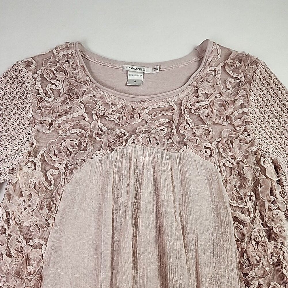 Feratelli Long Sleeve Floral Applique Tunic Lace Top Pink Blouse Shirt Small - Picture 3 of 13